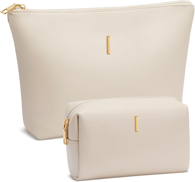 Women Gifts | Initial Makeup Bag Set for Girl Personalized Gifts for Bridesmaid Friend Graduation Teachers PU Leather Cosmetic Travel Toiletry Bag(Beige,I)