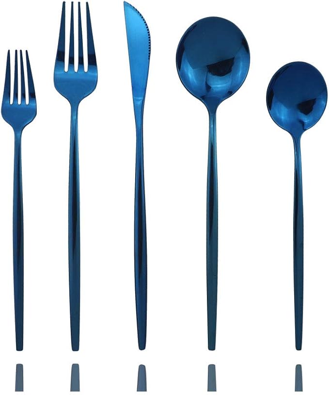 JASHII Shiny Blue Silverware Set, 20-Piece Stainless Steel Satin Finish Flatware, Kitchen Utensils, Mirror Polished Tableware Cutlery for Home and Restaurant, Dishwasher Safe