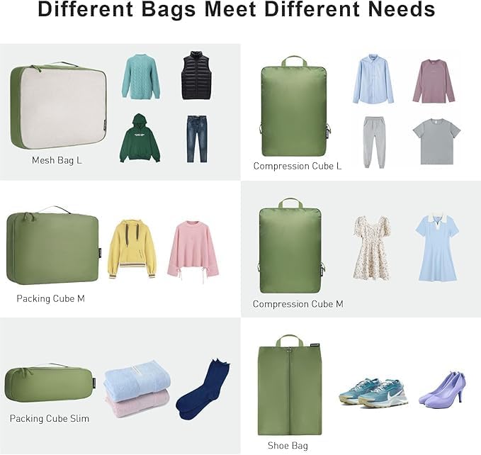 Bagail Ultralight Compression Cubes 7 Set - 3 Packing Cubes, 3 Organizers, and 1 Shoe Bag