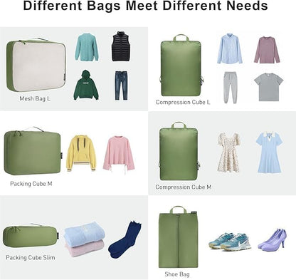 Bagail Ultralight Compression Cubes 7 Set - 3 Packing Cubes, 3 Organizers, and 1 Shoe Bag