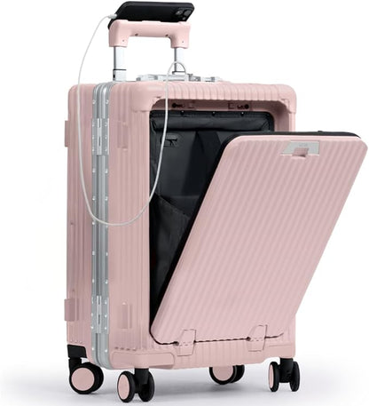 Nobl Travel Carry On Luggage, Noble Zipperless Aluminum Frame PC Hard Shell Suitcase, 22.5x15x9.5 Airline Approved, 360° Spinner Wheels, TSA Locks, USB Charging Port, Cup & Phone Holder - Blush