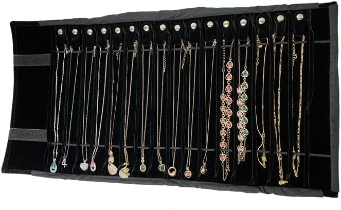 Portable Jewelry Roll Untangled Secure Necklace Travel Storage Bag Displays Holder 16 Chain (black PU and velvet)