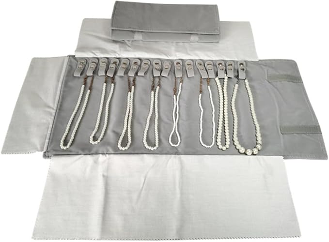 Premium Jewelry Roll Organizer for 16 Necklaces 55cm x 29cm Metal Snap & Velcro Closure - Ideal for Travel and Storage (Grey)