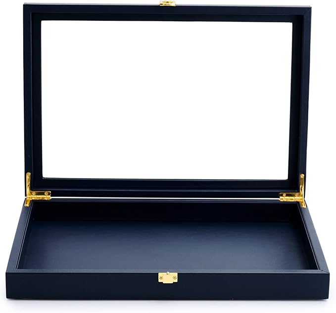 Oirlv Premium Blue Leather Flat Jewelry Tray with Acrylic Lid Jewelry Organizer Case Showcase Big Necklace Display Organizer Box with Locks for Security