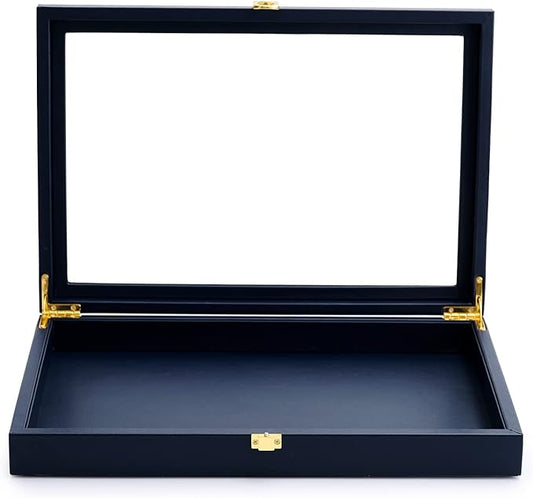 Oirlv Premium Blue Leather Flat Jewelry Tray with Acrylic Lid Jewelry Organizer Case Showcase Big Necklace Display Organizer Box with Locks for Security