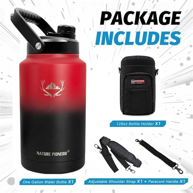 NATURE PIONEOR One Gallon Water Bottle Insulated - Large Double Vacuum Stainless Steel 128 oz Water Bottle with Holder/Carrier, 1 Gallon Water Jug,128oz, Wide Mouth