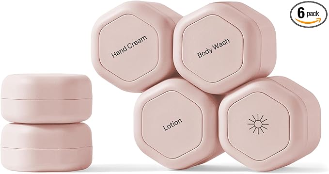Cadence Travel Containers - 6 Piece Body Care Set - Magnetic Travel Capsules for Women/Men - 2 Small & 4 Medium Capsules - Lotion, Body Wash, Sun Icon, Hand Cream, Lotion, Body Oil Labels - Petal