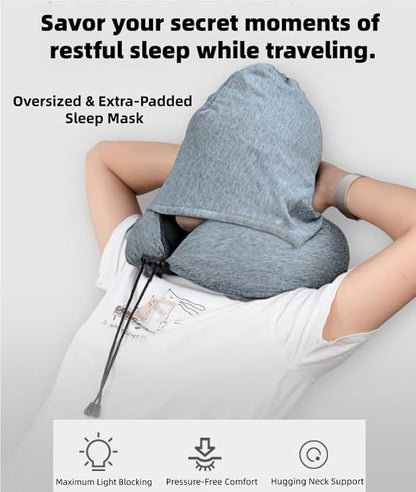 Travel Pillow with Extra Large Hood Rollable Airplant Hooded Neck Pillow with Memory Foam Filling and Removable, Skin-Friendly Cover with a Carrying Pouch