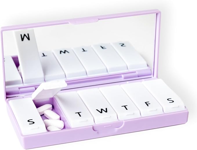PORT X POLISH Designer Weekly Pill Box Organizer (Single 1X Daily, Lilac) | Compact, Stylish 7-Day Vitamin Supplement Case | Cute Portable Mini Travel Medicine Carrier | BPA-Free Pillbox Caddy