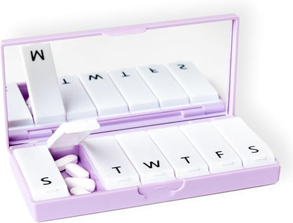 PORT X POLISH Designer Weekly Pill Box Organizer (Single 1X Daily, Lilac) | Compact, Stylish 7-Day Vitamin Supplement Case | Cute Portable Mini Travel Medicine Carrier | BPA-Free Pillbox Caddy
