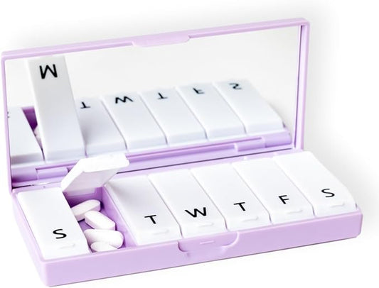 PORT X POLISH Designer Weekly Pill Box Organizer (Single 1X Daily, Lilac) | Compact, Stylish 7-Day Vitamin Supplement Case | Cute Portable Mini Travel Medicine Carrier | BPA-Free Pillbox Caddy