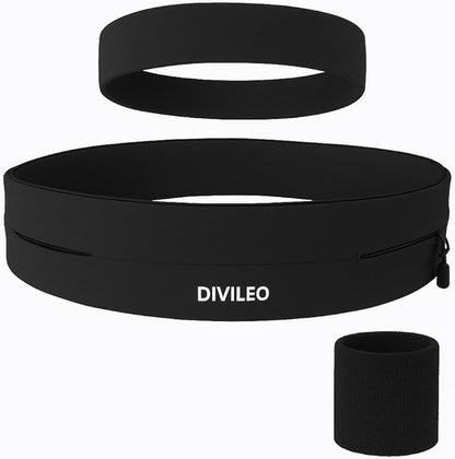 Reflective Running Belt Set – Sweat-Resistant Fanny Pack for Women & Men with Sweatband & Wristband – Phone Holder Waist Pouch for Gym, Travel, Marathon – S/M/L Sizes (Black, Small)