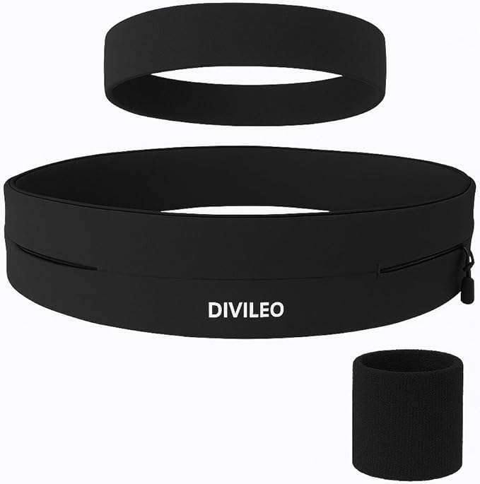 Reflective Running Belt Set – Sweat-Resistant Fanny Pack for Women & Men with Sweatband & Wristband – Phone Holder Waist Pouch for Gym, Travel, Marathon – S/M/L Sizes (Black, Medium)