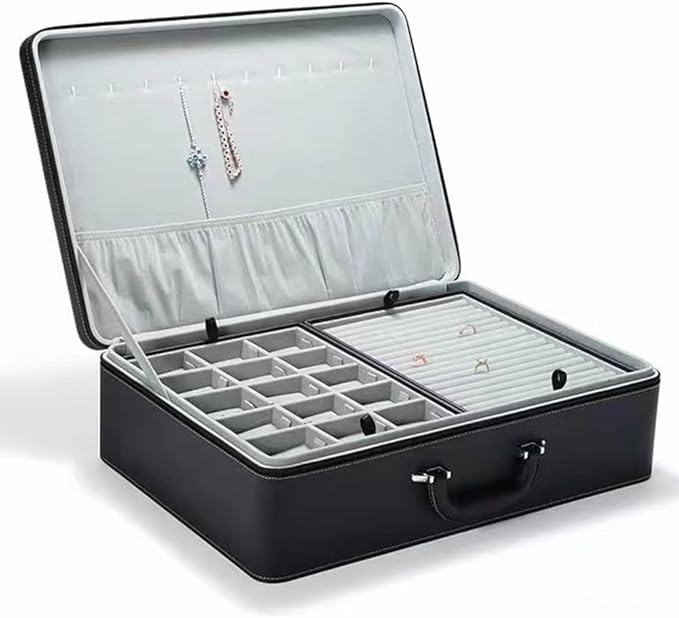 Jewelry Box Carriable Large Commercial Organizer with Handle Zipper Faux-Leather Accessory Case Storage with Trays Gift for Women Men Jeweler(XL6-BK)