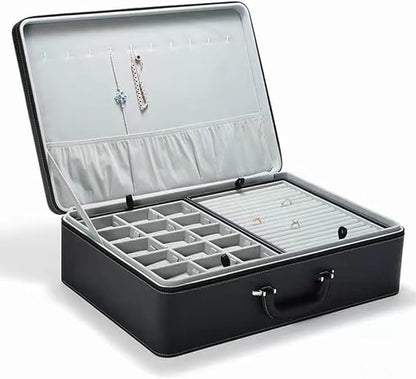 Jewelry Box Carriable Large Commercial Organizer with Handle Zipper Faux-Leather Accessory Case Storage with Trays Gift for Women Men Jeweler(XL6-BK)