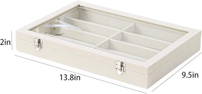 Coward Sunglass Organizer Tray Box, Beige Velvet Grids Eyeglasses Display Tray Case with Transparent Glass Lid for Home Use or Store Shop Selling Show