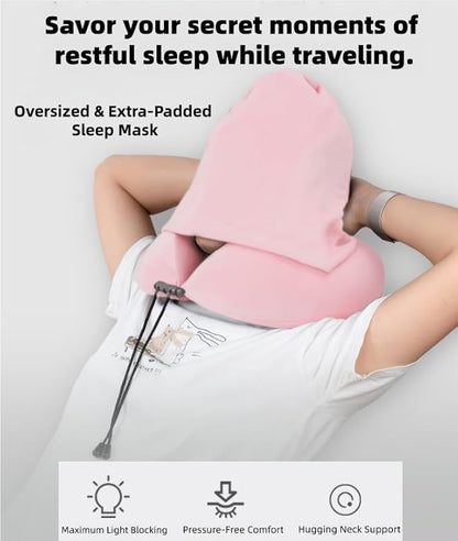 Travel Pillow with Extra Large Hood Rollable Airplant Hooded Neck Pillow with Memory Foam Filling and Removable, Skin-Friendly Cover with a Carrying Pouch