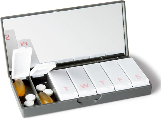 PORT X POLISH Designer Weekly Pill Box Organizer (Single 1X Daily, Charcoal Gray) | Compact, Stylish 7-Day Vitamin Supplement Case | Cute Portable Mini Travel Medicine Carrier | BPA-Free Pillbox Caddy