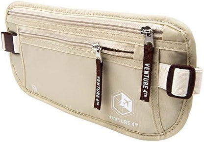 VENTURE 4TH Travel Money Belt - Slim Passport Holder RFID Blocking Travel Pouch to Protect Cash, Credit Cards and Travel Documents (Beige)