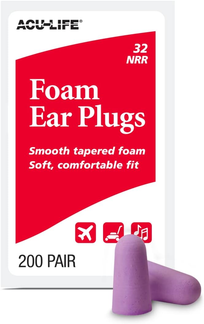 Acu-Life Foam Ear Plugs, 200 Pair for Sleeping, Snoring, Loud Noise, Traveling, Concerts, Construction, & Studying, NRR 32, Purple