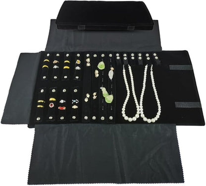 Velvet Travel Jewelry Case Roll Bag Organizer for Necklace Bracelet Earrings Ring (Black) (Black(4+2+2+6))