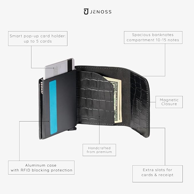 Jenoss Smart Wallet For Men: Full Grain Leather, Handcrafted, Slide Metal Pop Up Case, Slim RFID Blocking Credit Card Holder, Minimalist Compact, 6-8 Cards Organizers, Front Pocket, Money Clip (Black)