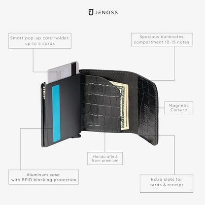 Jenoss Smart Wallet For Men: Full Grain Leather, Handcrafted, Slide Metal Pop Up Case, Slim RFID Blocking Credit Card Holder, Minimalist Compact, 6-8 Cards Organizers, Front Pocket, Money Clip (Black)