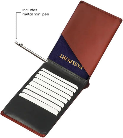 Leather Travel Wallet RFID - Slim Passport Holder for Men & Women - Fits Passport, Cards, SIMs, Pen & Boarding Pass - Secure Travel Document Organizer (Dark Brown)