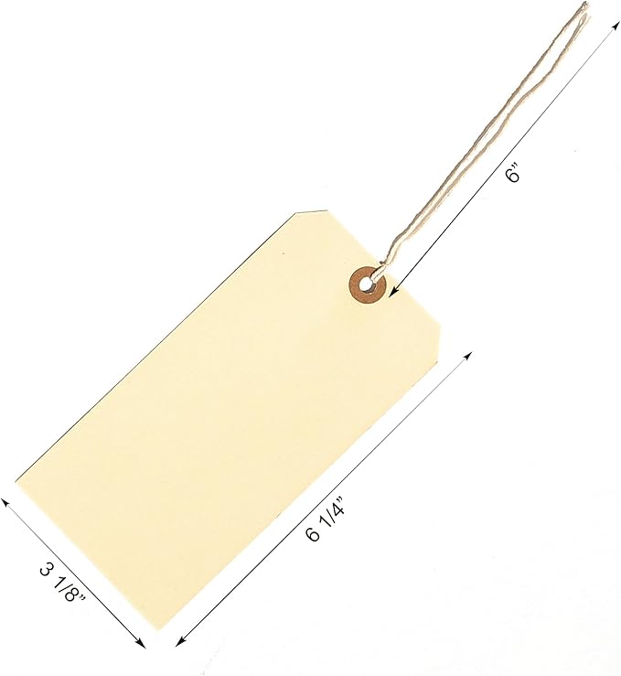 100 Large Manila Paper Tags with String Attached - # 8, 6 1/4" x 3 1/8" - Shipping Tags with String for Labeling, Blank Hang Labels with Ties