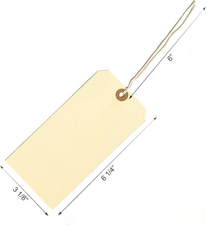 100 Large Manila Paper Tags with String Attached - # 8, 6 1/4" x 3 1/8" - Shipping Tags with String for Labeling, Blank Hang Labels with Ties