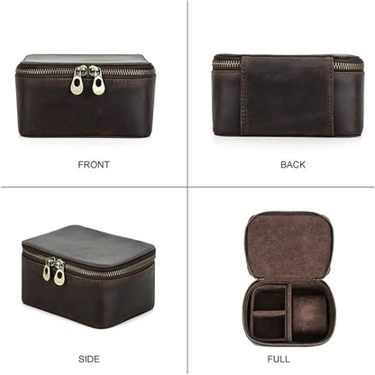 CONTACTS Crazy Horse Leather Watch Case and Cufflink Storage Box for Men Small Travel Zipper Jewelry Accessory Organizer