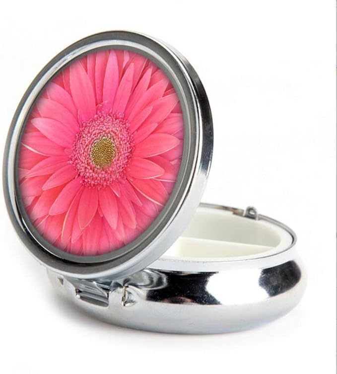 Pill Box,Bright Pink Gerbera Daisy Flower Round Pill Box 3 Compartment Decorative Pocket Purse Portable Mini Travel Medicine Tablet Vitamin Holder Organizer Pill Case