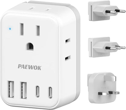 European Travel Plug Adapter USB C, US to EU/UK Plug Adapter- 4AC Outlets 4 USB Charger, International Power Adaptor kit Include Type G/C/L for American to England Italy France Germany Greece