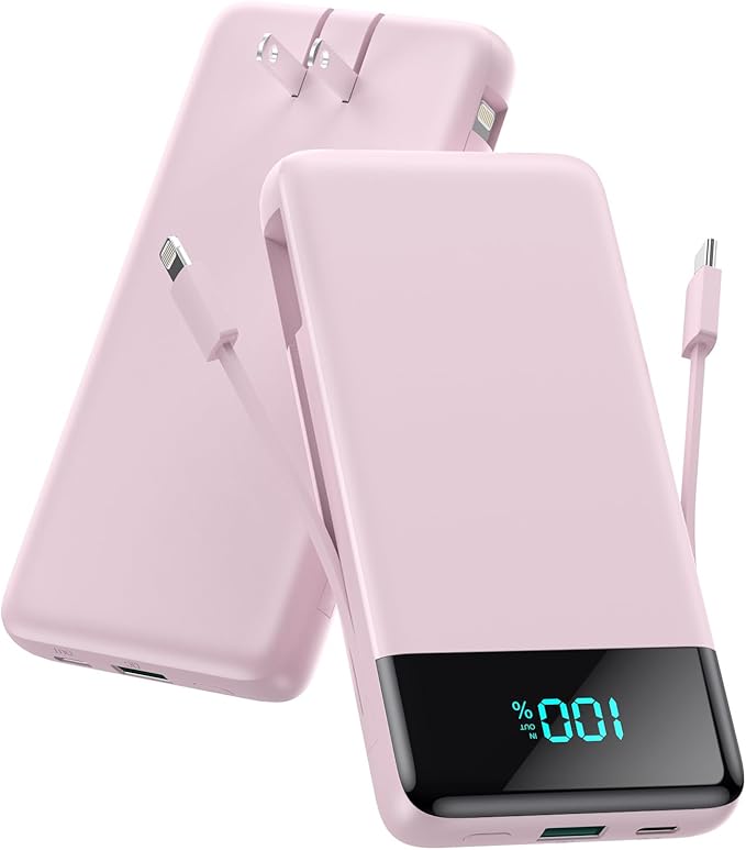 Portable Charger for iPhone with Built in Cables and Wall Plug,Upgraded 13800mAh Fast Charging USB C Power Bank,4 Outputs Travel Essential Battery Pack Compatible with iPhone 17/16/15/14,Samsung-Pink