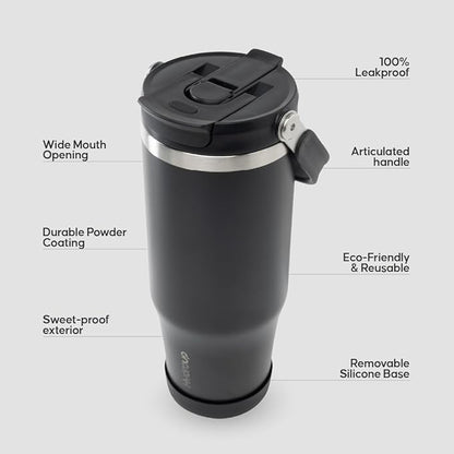 Sport Tumbler 32oz Stainless Steel Water Bottle, Vacuum Insulated with 2-in-1 Lid (Straw & Spout), Leak-Proof Reusable Travel Mug for Hot and Cold Drinks