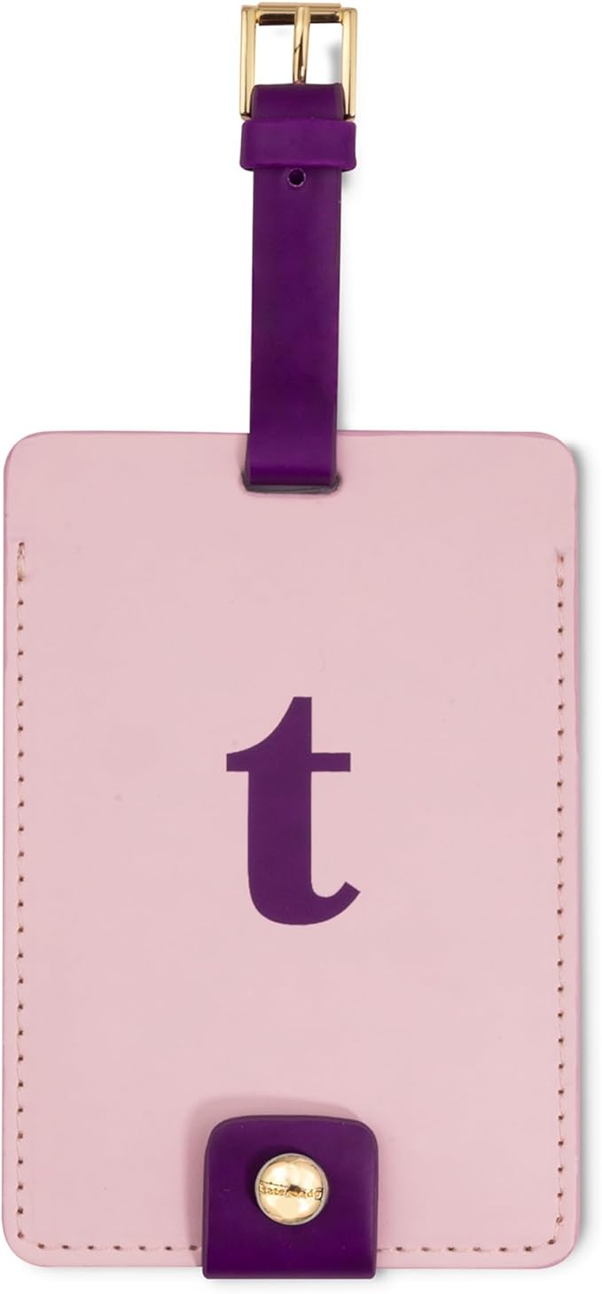 Kate Spade New York Leatherette Luggage Tag with Secure Strap, Colorful Suitcase Identifier for Travel, Monogram Bag Tag ID (T)