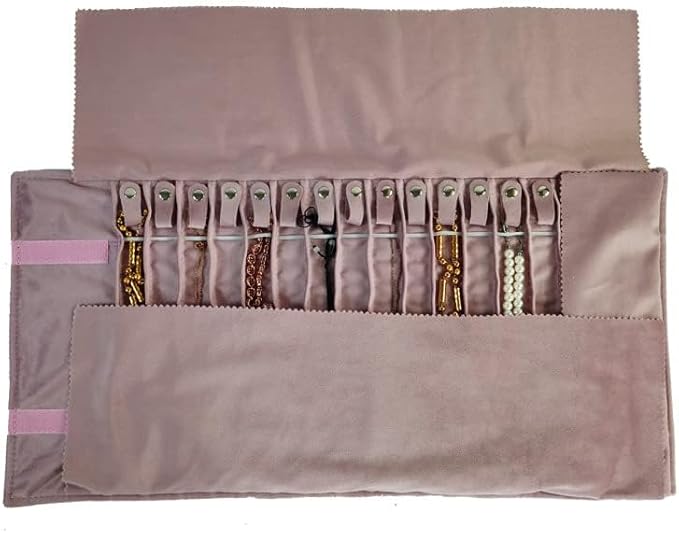 Portable Jewelry Roll Untangled Secure Necklace Travel Storage Bag Displays Holder 16 Chain (Embroidery Pink Velvet)