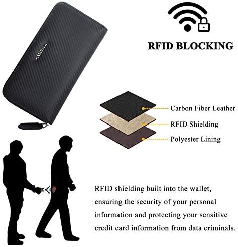 VISOUL Leather Long Zippered Pouch Wallet for Men with RFID Blocking Two-tone, Large Carbon Fiber Leather Clutch Cash Long Wallet with Zipper (Black+Orange)