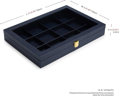 Oirlv 12 Gird Jewelry Tray with Acrylic Lid Premium Blue Leather Jewelry Organizer Box Transparent Lid Bracelet Bangle Small Watch Storage Case for Women Gift