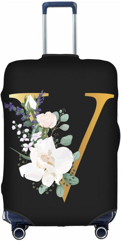 Flower Letter V Black Luggage Cover Elastic Washable Stretch Suitcase Protector Anti-Scratch Travel Suitcase Cover for Kid and Adult XL (29-32 inch suitcase)