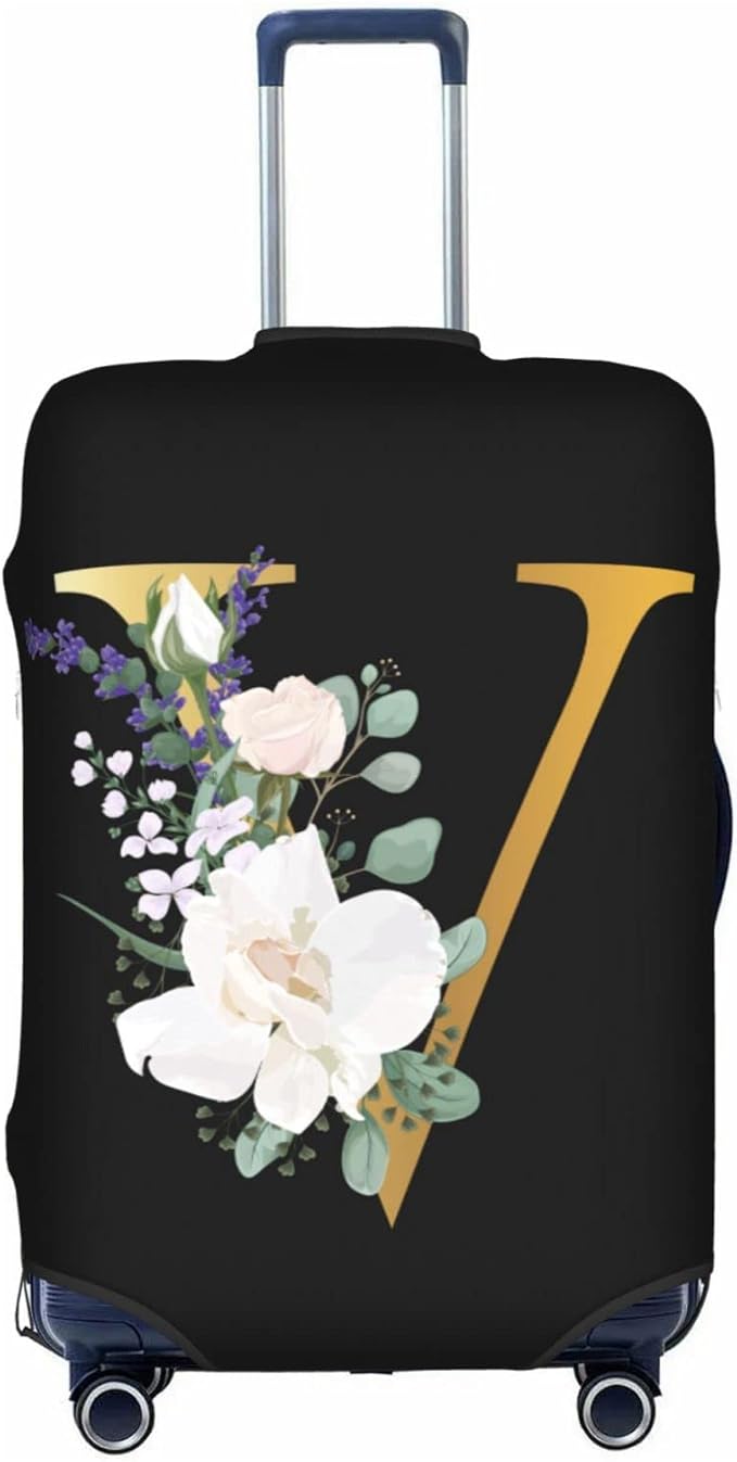 Flower Letter V Black Luggage Cover Elastic Washable Stretch Suitcase Protector Anti-Scratch Travel Suitcase Cover for Kid and Adult M (22-24 inch suitcase)