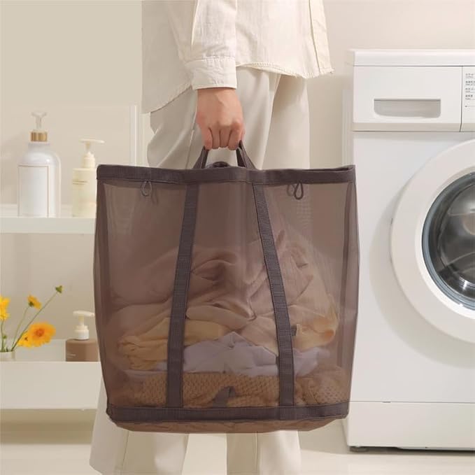 Mesh Bag with Handles, Collapsible Laundry Basket, Foldable Laundry Bag, Breathable Folding Beach Bag,Space-saving Travel Tote Bags (2, Brown)
