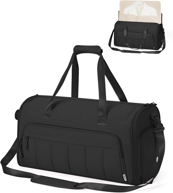 WANDF Convertible Garment Bags for Travel with Wet Pocket Carry on Garment Duffle Bag 2 in 1 Puffy Hanging Clothes Travel Bags with Shoe Compartment for Airplanes Business Weekend Gym Wedding (Black)