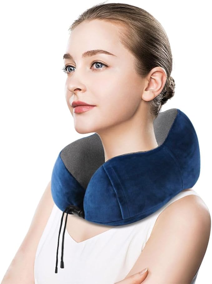 Airplane Travel Neck Pillow, 100% Memory Foam Ergonomic Neck Support, Airplanes Neck Pillow with Washable Cover Travel Essential for Flight Car & Office Includes Eye Masks, Earplugs & Carry Bag (Blue)
