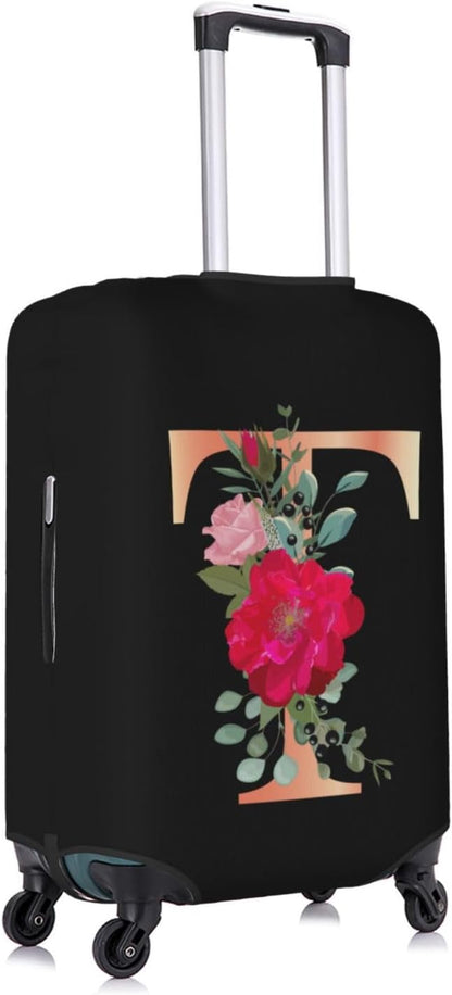 Floral Letter T Travel Luggage Cover Spandex Suitcase Protector Elastic Washable Stretch Suitcase Cover,Size M(Fit 22-24inch Suitcase)