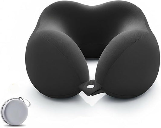 Ergonomic U-Shaped Memory Foam Neck Pillow for Travel & Office with Carry Pouch, Provides Neck Support for Airplane, Train, Anti-Sideturn Sleep (Black)