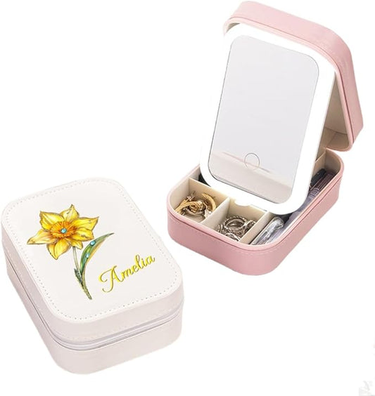 callie Personalized Birth Flower Jewelry Box with Mirror & LED 3 Adjustable Light, Custom Name - Travel Makeup Box Organizer, Birthday Christmas Gift for Women Girls