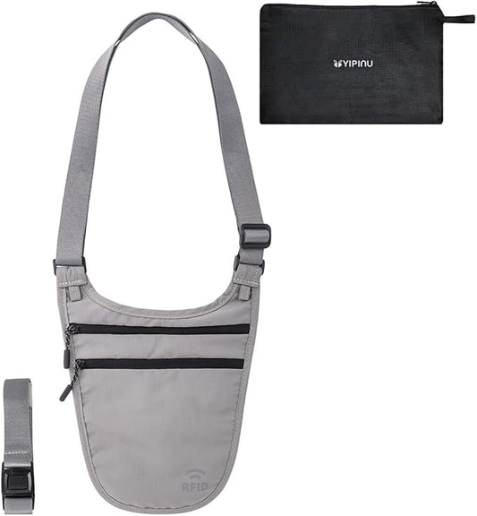 Crossbody Money Belt for Travel Women & Men Hidden, Travel Wallet Pouch - Slim Passport Holde, RFID Blocking Neck Wallet Under Clothes to Protect Cash, Credit Cards and Documents (GRAY)