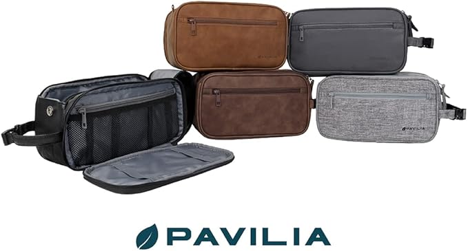PAVILIA Toiletry Bag for Men, Travel Essentials Shaving Dopp Kit, Mens Travel Bag Toiletries Organizer Case for Grooming, PU Leather Water Resistant Cosmetic Bag Pouch (Black)