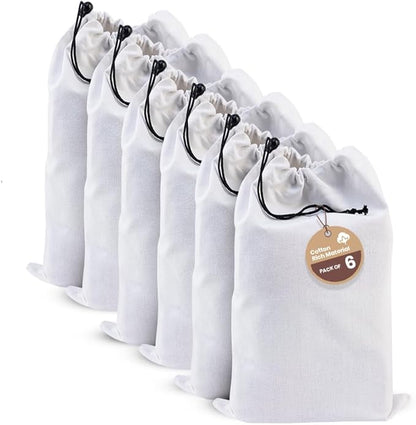 LFH Cotton Rich Shoe Storage Bags with Drawstring, Dustproof Breathable Reusable Organizer, Perfect For Travel, Dorm, Hotel, College, Gym, Easy to Carry, Machine Washable 8"x17" (Pack of 6) - White